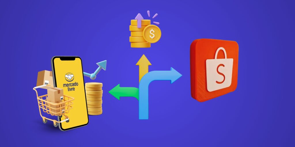 Imagem alusiva a escolha de marketplace: do lado esquerdo um carrinho com caixas, moedas ao lado, seta de crescimento e celular com logo do mercado. Ao centro uma seta indicando 3 direções: lado esquerdo mercado livre, direito shopee e em frente ícone de lucro. Ao lado direito da imagem, logo da shopee. O objetivo da imagem representar a dúvida que o vendedor de marketplace costuma ter.