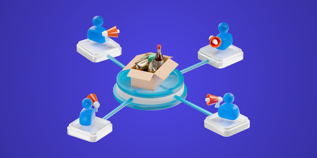 imagem com fundo azul e ao centro iconografia que representa o estoque de produtos e ao redor do estoque, bonecos que representam vendedores com megafone, chamando o estoque de produtos.