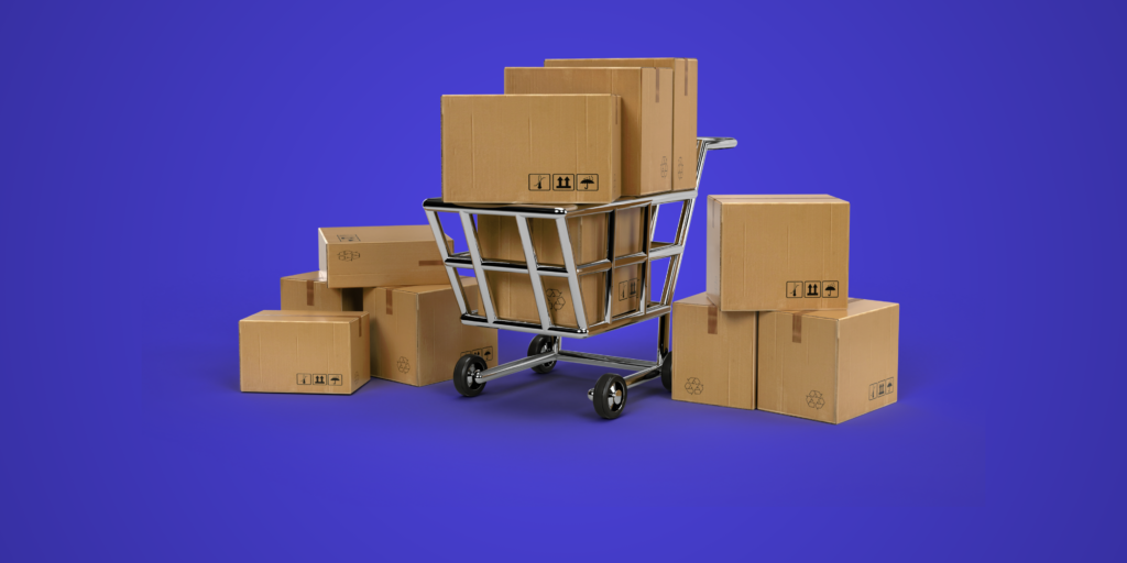 fundo azul, com iconografia de caixas num carrinho de compras.