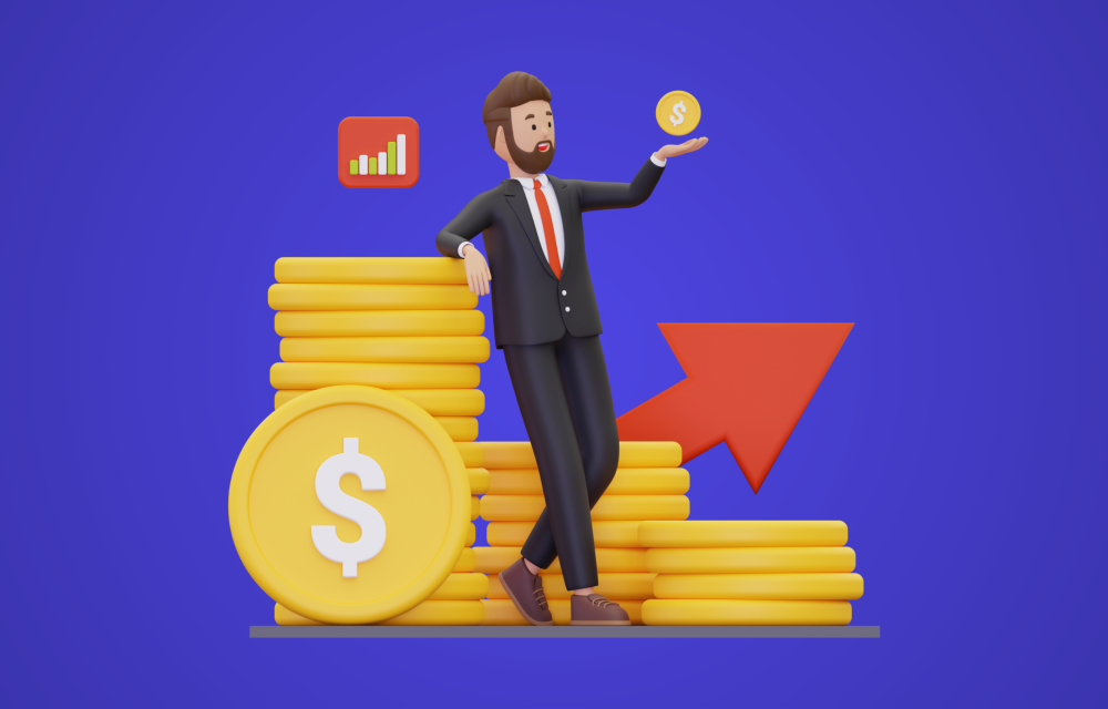 Imagem com fundo azul e iconografia que representa a um vendedor frente a um montante de moedas e seta e gráfico que indicam crescimento.