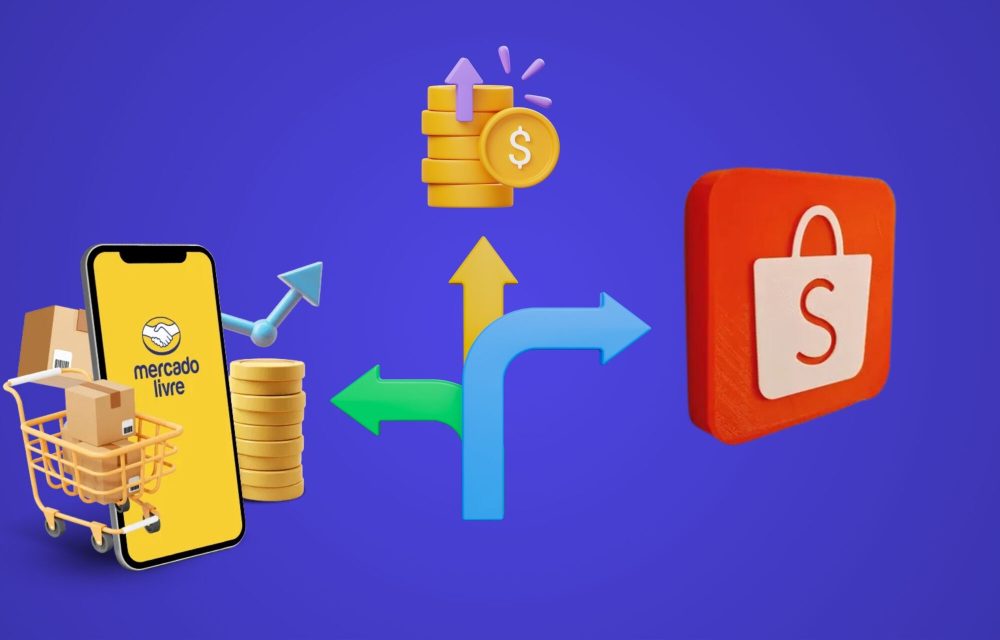 Imagem alusiva a escolha de marketplace: do lado esquerdo um carrinho com caixas, moedas ao lado, seta de crescimento e celular com logo do mercado. Ao centro uma seta indicando 3 direções: lado esquerdo mercado livre, direito shopee e em frente ícone de lucro. Ao lado direito da imagem, logo da shopee. O objetivo da imagem representar a dúvida que o vendedor de marketplace costuma ter.